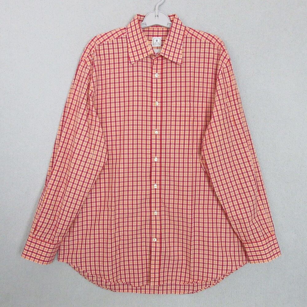 Peter Millar Dress Shirt Mens L Orange Red Gingham Long Sleeve Cotton Classic
